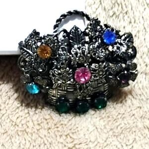 Vintage Czech Glass Rhinestone Brooch Basket of Flowers